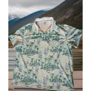 Men Sz XXL IZOD Saltwater Tropical Shirt Sailboat Palm Trees Aqua Blue